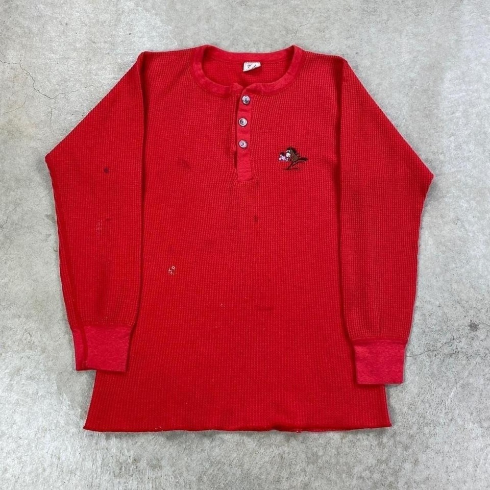 Vintage 60s Henley Thermal Long Sleeve Shirt Size XL Red Waffle Knit Horse